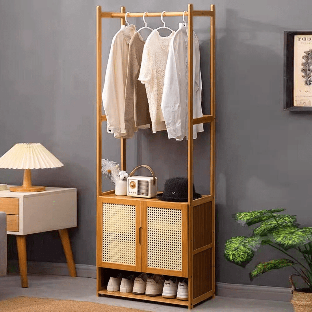 Multi-Purpose Bamboo Wood Clothing Rack Organizer with Shoe Rack (Brow