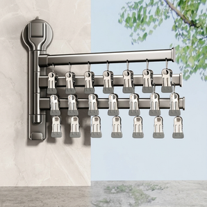 Wall-Mounted Rotating Multi Pole Clothes Drying Rack with Clips