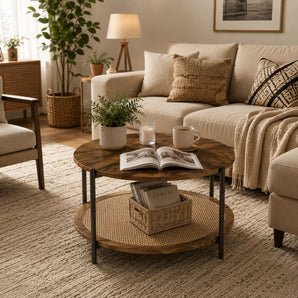 Round Coffee Table with Rattan Storage Shelf