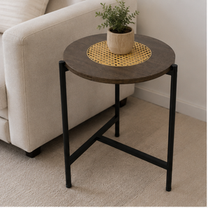 Round Rattan Accent Table with Metal Frame