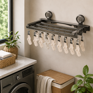 Wall Mounted Foldable Suction Cup Laundry Drying Rack with Clips