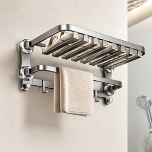 Suction Cup Bathroom Towel Rack with Storage Shelf and Hooks