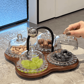 Elegant Multi-Dome Glass Snack Tray with Wooden Base Set