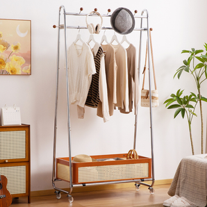 Solid Wood Floor Standing Clothes Rack With Storage Basket