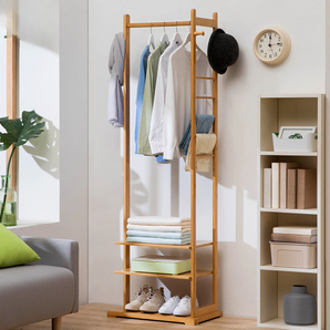 Minimalist Bamboo Floor Standing Clothes Rack With Multiple Hooks