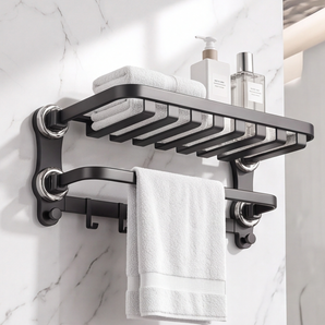 Suction Cup Bathroom Towel Rack with Storage Shelf and Hooks