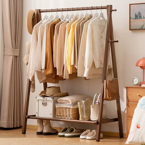 Foldable Bamboo Floor Standing Clothes Rack With Storage Shelves