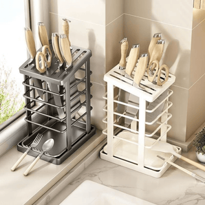 Multi-Functional Antibacterial Kitchen Knife Holder with Draining Tray