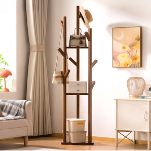 Multi-Functional Bamboo Floor Standing Clothes Rack With Shelves