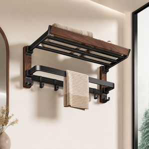 Walnut Wood Foldable Wall Mounted Towel Rack with Hooks