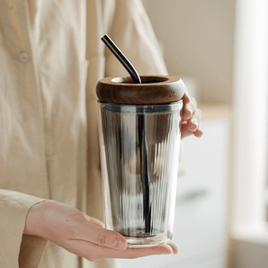 Double Layer Borosilicate Glass Straw Cup with Wooden Lid(500ml)
