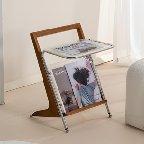 Z-Shaped Side Table with Glass Top and Magazine Rack