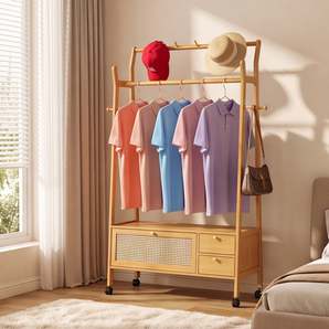 Vintage Rattan Bamboo Rolling Coat Rack