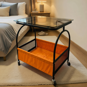Metal Frame Storage Table with Tempered Glass Top and Wheels
