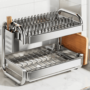 Multifunctional Stainless Steel Dish Rack with Cutlery and Cutting Board Holder(42cm)