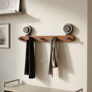 Wall-Mounted Suction-Cup Wooden Hanger with 5 Hooks
