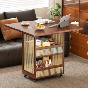 Foldable Rattan Stye Wooden Table With Storage Shelves