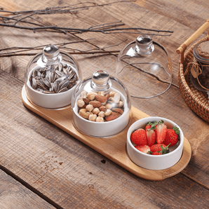 Elegant Ceramic Bowl Set with Glass Lid and Bamboo Tray