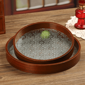 Multi-Purpose Round Wooden Glass Decorative Serving Tray