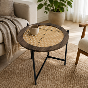 Round Rattan Accent Table with Metal Frame