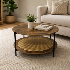 Round Coffee Table with Rattan Storage Shelf
