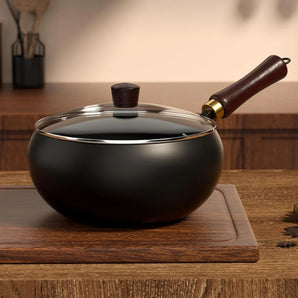 Deep Round Uncoated Iron Wok with Wooden Handle(24cm)