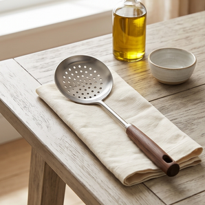 Stainless Steel Slotted Strainer Ladle with Ergonomic Wooden Grip