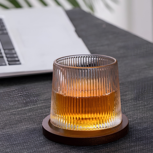 360° Rotating Vertical-Striped Whiskey Glass with Wooden Coaster(200ml)