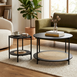 Modern Round Coffee Table Set with Rattan Storage Shelf