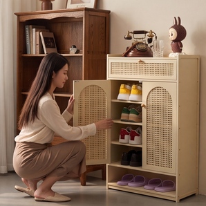 Modern 7-Tier Shoe Cabinet with Rattan-Style Double Door