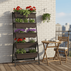 Five Layer Iron Vertical Plant Stand with Plastic Flower Pots