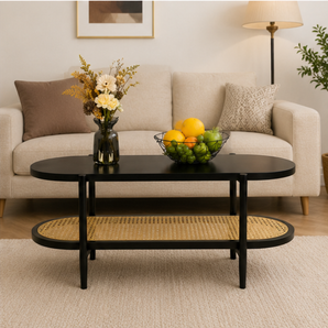 Modern Oval Coffee Table with Rattan Storage Shelf