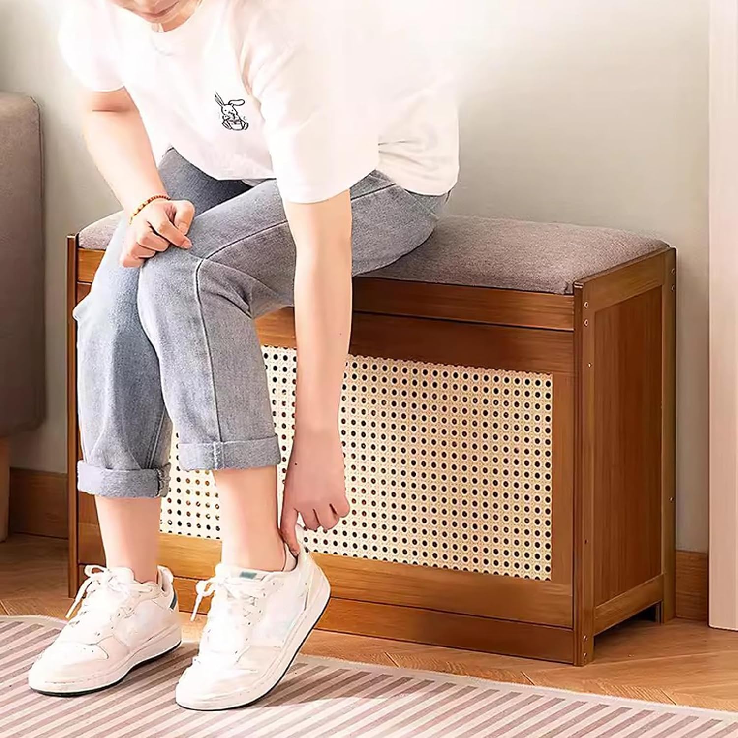 Buy Bamboo Wooden Shoe Rack With Cushion Seat Online In India