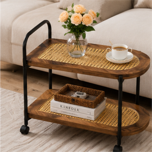 Modern Wooden Rattan Utility Cart with Wheels
