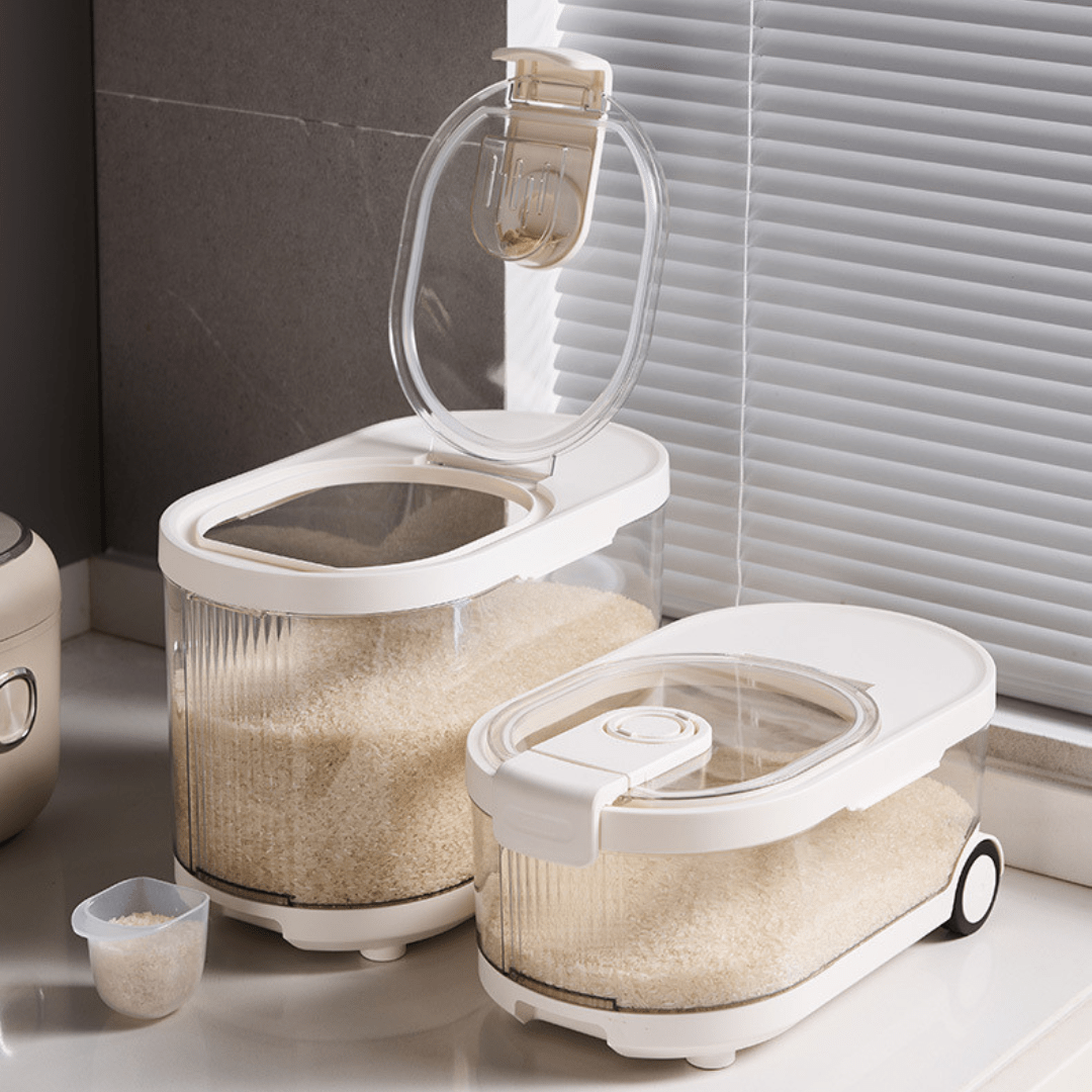 Beige Rectangle Rice Containers Buy Sealed Rice Storage Container with Wheels at Best Price
