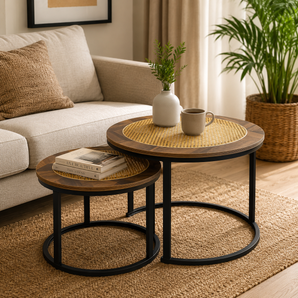 Modern Wooden & Metal Nesting Accent Table Duo