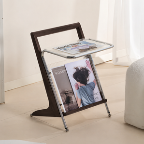 Z-Shaped Side Table with Glass Top and Magazine Rack