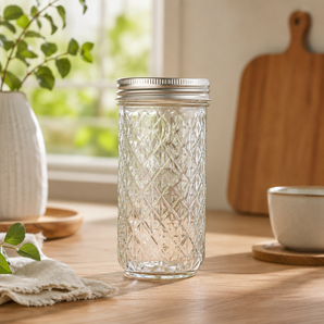 Diamond Pattern Glass Storage Jar with Airtight Lid(400ml)