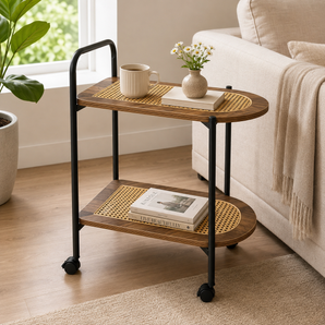 Modern Wooden Rattan Utility Cart with Wheels