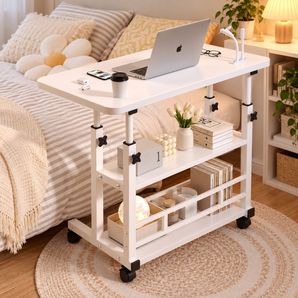 Multi-Purpose Table with Adjustable Height Storage and Wheels