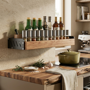 Solid Wood Wall-Mounted Spice & Utensil Organizer Shelf