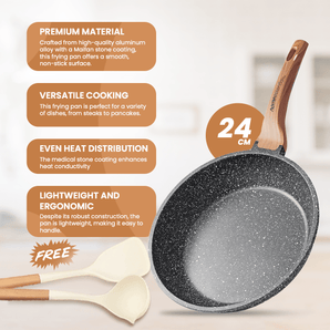 Maifan Stone Non-Stick Flat Bottom Frying Pan (Black-24cm)