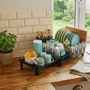 Adjustable Double-Layer Bowl Rack with Drainer (44cm)