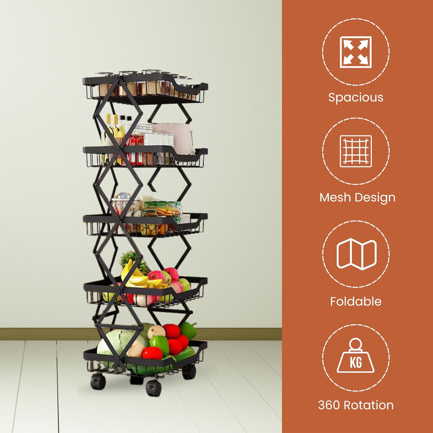 Rooling Produce Racks Multi-Layer Foldable Rolling Vegetable & Fruit Rack (95cm)