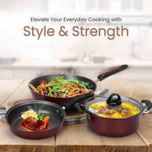 Non Stick Aluminum Cookware Set with Glass Lid (Set of 3)