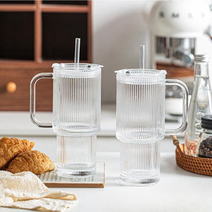 Ribbed Glass Tumbler Set with Handle & Straw