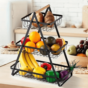 3-Tier Metal Storage Basket With Wooden Handle