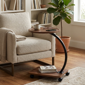 Movable Walnut Accent Side Table with Storage Edge